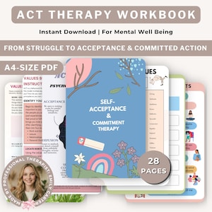 Può includere: Un quaderno di esercizi di terapia ACT in formato PDF A4 da 28 pagine. La copertina blu presenta illustrazioni di rami, fiori e un arcobaleno rosa, con il testo Self-Acceptance & Commitment Therapy. Include pagine di istruzioni e liste di valori.