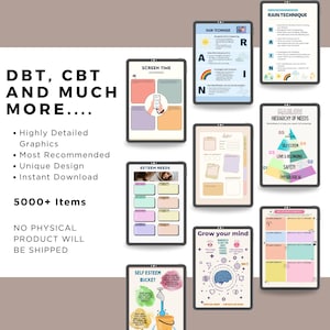 May include: A collection of digital worksheets displayed on tablets, featuring topics like DBT, CBT, and self-esteem. The image includes text such as "Screen Time," "Rain Technique," and "Maslow Hierarchy of Needs." The overall theme is mental health and self-improvement resources.