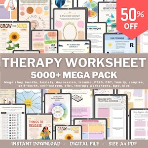 以下が含まれることがあります： タブレットに表示されたデジタルセラピーワークシートのコレクション。テキスト「THERAPY WORKSHEET 5000+ MEGA PACK」が含まれています。不安や自尊心などのトピックをカバーしています。赤いバナーには「50% OFF」と表示されています。