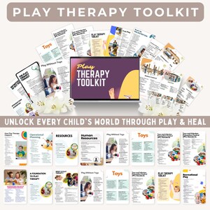 Op de afbeelding: Een digitale Play Therapy Toolkit-collectie met een centraal laptopscherm waarop de titel wordt weergegeven, omringd door talloze informatieve documentpagina's, instructiegidsen en bronnenbladen met tekst, diagrammen en foto's van kinderen.