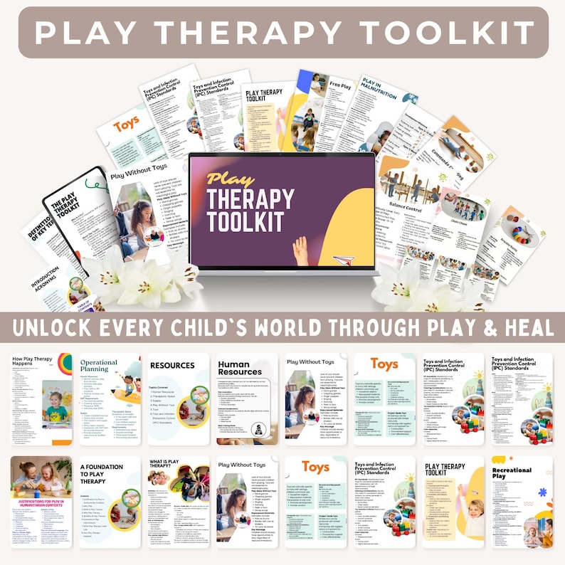 Op de afbeelding: Een digitale Play Therapy Toolkit-collectie met een centraal laptopscherm waarop de titel wordt weergegeven, omringd door talloze informatieve documentpagina's, instructiegidsen en bronnenbladen met tekst, diagrammen en foto's van kinderen.