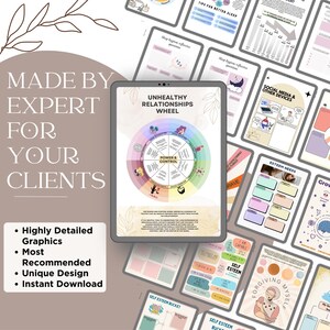 Peut inclure: T&eacute;l&eacute;chargement num&eacute;rique avec une tablette affichant un graphique "Unhealthy Relationships Wheel", entour&eacute; d'autres feuilles de calcul d'auto-assistance. L'image comprend le texte "Made by Expert for Your Clients" et des puces mettant en &eacute;vidence les graphiques et la conception.