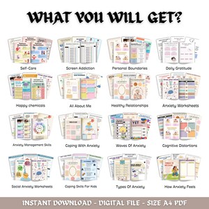 Peut inclure: Une collection de fiches de travail num&eacute;riques avec des titres tels que "Self-Care" et "Anxiety Worksheets". L'image pr&eacute;sente une grille de pages color&eacute;es et illustr&eacute;es, avec le texte "WHAT YOU WILL GET?" en haut et "INSTANT DOWNLOAD - DIGITAL FILE - SIZE A4 PDF" en bas.