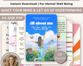 Peut inclure: Un cahier d'exercices d'estime de soi au format PDF A4 de 38 pages. La couverture montre une personne les bras levés dans un champ de fleurs jaunes avec des papillons et un vélo. Le texte inclut "All about me" et "Self-Esteem, Identity, and Confidence Bundle."
