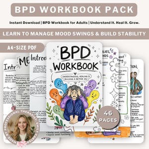 Può includere: Un pacchetto di quaderni di esercizi BPD in formato PDF A4, contenente 46 pagine di materiale educativo. La copertina riporta il testo BPD WORKBOOK, UNDERSTANDING, HEALING & BUILDING A BETTER YOU, con un'illustrazione centrale di una persona circondata da figure colorate che rappresentano le emozioni.