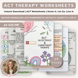 Op de afbeelding: Een set van 28 A4-formaat PDF ACT-therapiewerkbladen met geïllustreerde pagina's met tekst zoals Self-Acceptance & Commitment Therapy, Fear en diverse psychologische concepten, voorzien van handgetekende bloemen- en regenboogafbeeldingen.