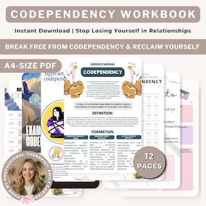 Può includere: Un quaderno di esercizi digitale intitolato Codependency Workbook, composto da pagine PDF in formato A4 con testo, illustrazioni e liste di controllo. Il contenuto include sezioni sulla codipendenza, definizioni e segni, per un totale di 12 pagine.