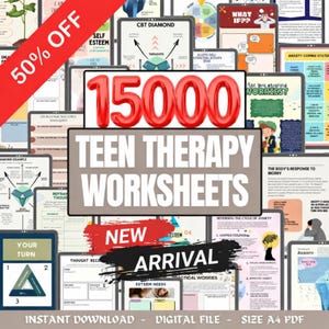 以下が含まれることがあります： デジタル形式のティーンセラピーワークシートのコレクション。画像には「15000 Teen Therapy Worksheets」というテキストが大きく表示され、「新着」と「50%オフ」の文字も含まれています。ワークシートは様々なトピックを扱っています。