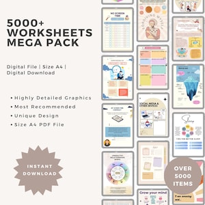 May include: A digital download pack of over 5000 worksheets. The image features various worksheets with titles like "No Screen Time" and "Sleep Tips." The pack includes highly detailed graphics and a unique design. The file size is A4.