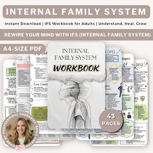 Puede incluir: Un libro de ejercicios digital sobre el Sistema de Familia Interna en formato PDF A4. La portada presenta un boceto de una persona con una silueta fragmentada y el texto Internal Family System Workbook. Varias páginas muestran contenido educativo.