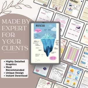 May include: A digital illustration featuring a tablet displaying an iceberg graphic with the text "Beneath the surface in the Digital Age." Surrounding the tablet are various digital documents with charts and diagrams. Text on the left reads "Made by Expert for Your Clients."