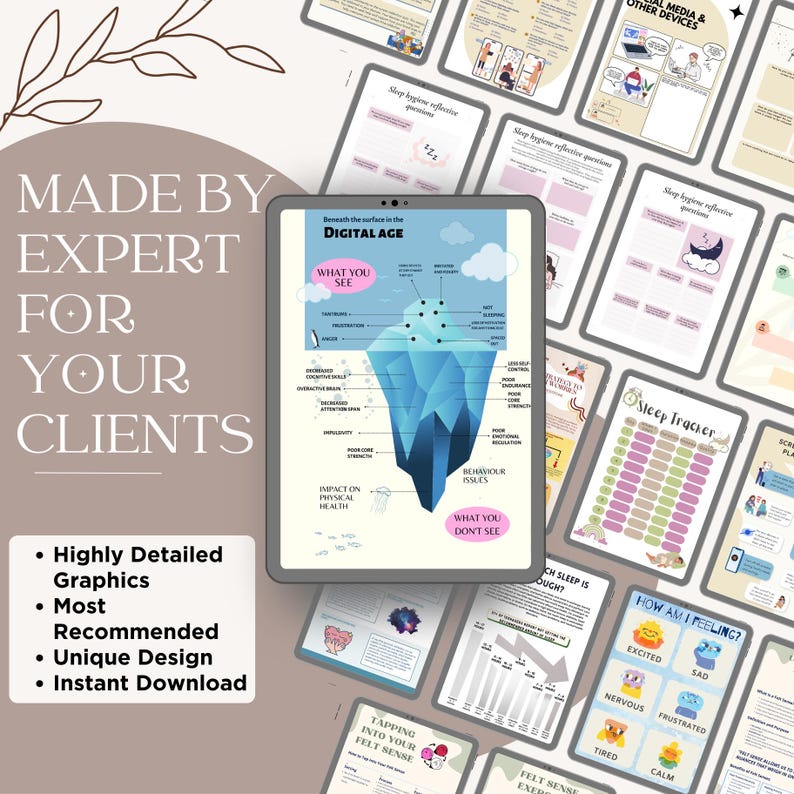 May include: A digital illustration featuring a tablet displaying an iceberg graphic with the text "Beneath the surface in the Digital Age." Surrounding the tablet are various digital documents with charts and diagrams. Text on the left reads "Made by Expert for Your Clients."