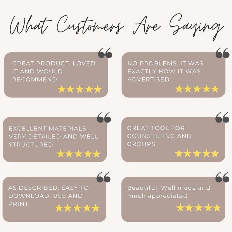 Op de afbeelding: Een grafische weergave met de titel What Customers Are Saying met zes klantbeoordelingen in afgeronde taupekleurige rechthoeken. Elke beoordeling bevat een vijfsterrenbeoordeling en aanhalingstekens. De tekst bevat zinnen zoals Great product, loved it and would recommend, No problems, Excellent materials, Great tool for counselling and groups, As described en Beautiful.