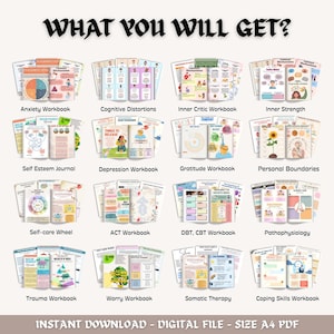 May include: A collection of digital workbooks with titles including "Anxiety Workbook," "Cognitive Distortions," and "Self Esteem Journal." The image features a variety of colorful covers and the text "WHAT YOU WILL GET?" at the top. The bottom text reads "INSTANT DOWNLOAD - DIGITAL FILE - SIZE A4 PDF."