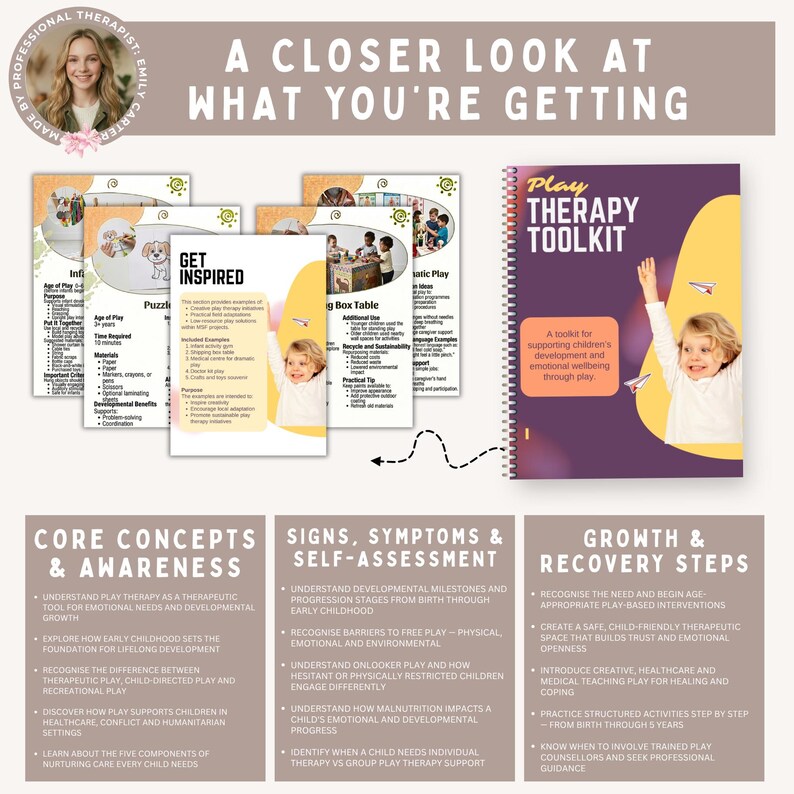 Op de afbeelding: Een spiraalgebonden Play Therapy Toolkit handleiding met een paarse en gele kaft waarop een kind naar papieren vliegtuigjes reikt. De set bevat meerdere informatiepagina's met details over spelgebaseerde activiteiten, kernconcepten en ontwikkelingsmijlpalen.
