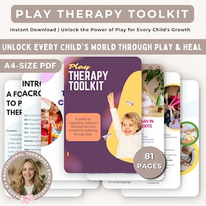 Könnte beinhalten: Ein digitales Play Therapy Toolkit als A4-PDF mit 81 Seiten. Das Titelblatt zeigt ein Kind mit erhobenen Armen, violette und gelbe abstrakte Formen sowie den Text Play Therapy Toolkit. Enthält eine Einführung und einen Leitfaden.