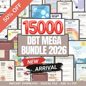 Op de afbeelding: Een digitale downloadbundel getiteld "DBT MEGA BUNDLE 2026" met het nummer "15000" in het rood. De afbeelding bevat verschillende digitale werkbladen en kaarten met betrekking tot emotionele regulatie, mindfulness en ademhalingsoefeningen. Een rode banner geeft "NIEUWE AANKOMST" aan en een diagonale banner toont "50% KORTING".