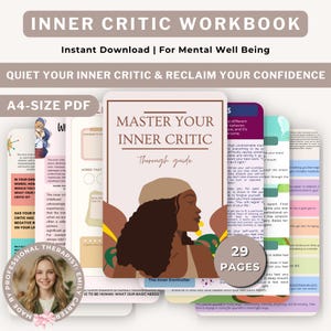 May include: An A4-size PDF workbook titled Master Your Inner Critic, featuring 29 pages of mental well-being content. The cover displays an illustration of a person with dark curly hair, and the pages include text, prompts, and colourful sections.