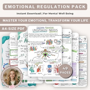 Peut inclure: Un pack de régulation émotionnelle en format PDF A4 comprenant 49 pages de fiches illustrées. Les pages contiennent du texte comme Emotional Regulation, Unspoken Needs, ainsi que divers diagrammes avec des icônes, des tableaux et des conseils.