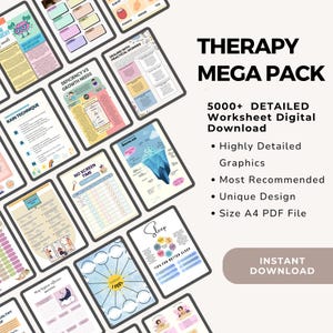 May include: A collection of digital worksheets for therapy, titled "THERAPY MEGA PACK." The image displays multiple pages with colorful graphics and text, including topics like "RAIN TECHNIQUE" and "Sleep." The pack includes over 5000 detailed worksheets, available as an instant digital download.