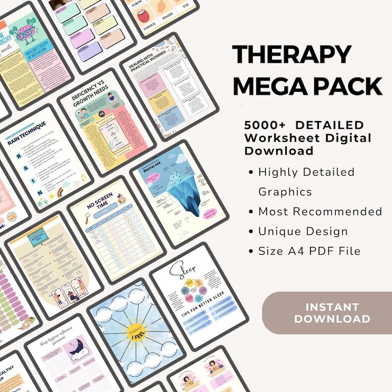 May include: A collection of digital worksheets for therapy, titled "THERAPY MEGA PACK." The image displays multiple pages with colorful graphics and text, including topics like "RAIN TECHNIQUE" and "Sleep." The pack includes over 5000 detailed worksheets, available as an instant digital download.