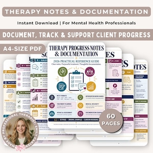 May include: A digital therapy progress notes and documentation guide for mental health professionals. The A4-size PDF includes 60 pages of clinical reference material, featuring structured note formats, treatment planning, and intervention word banks.