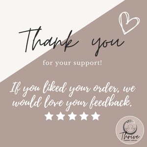 Op de afbeelding: Een bedankkaart met een diagonaal verdeeld ontwerp in cr&egrave;me en taupe. Het bevat een witte hartomtrek, de tekst Thank you for your support! If you liked your order, we would love your feedback., vijf witte sterren en een rond logo.