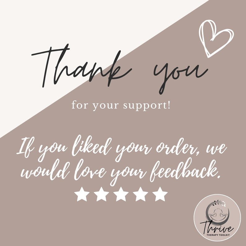 Op de afbeelding: Een bedankkaart met een diagonaal verdeeld ontwerp in cr&egrave;me en taupe. Het bevat een witte hartomtrek, de tekst Thank you for your support! If you liked your order, we would love your feedback., vijf witte sterren en een rond logo.