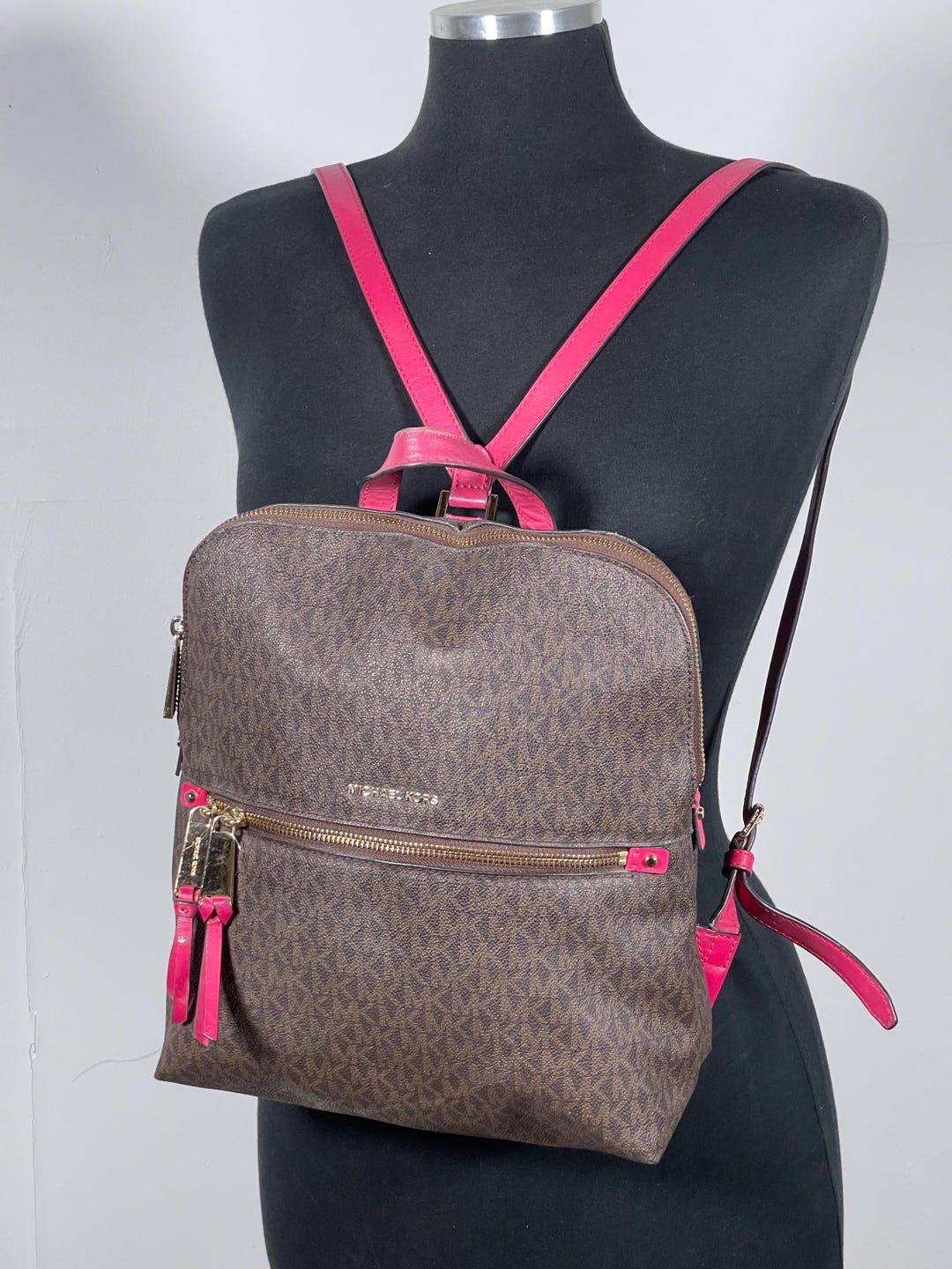 Michael Kors Brown MK Logo Backpack Pink Leather Straps Gold Hardware ...