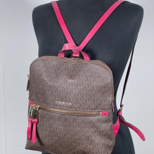 Michael Kors Brown MK Logo Backpack Pink Leather Straps Gold 