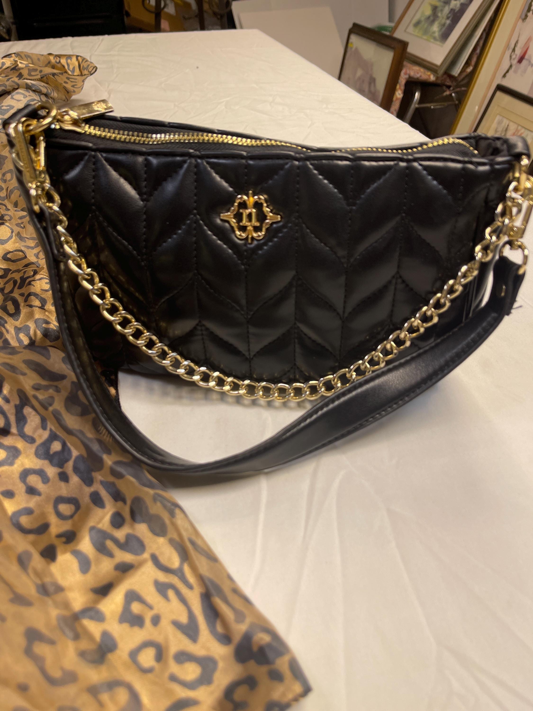 Nanette Lepore Black Leather Texture Convertabile Bag Or Backpack with Gold Logo Nanette Lepore Leather Exterior Black Bags & Handbags for  main image 4