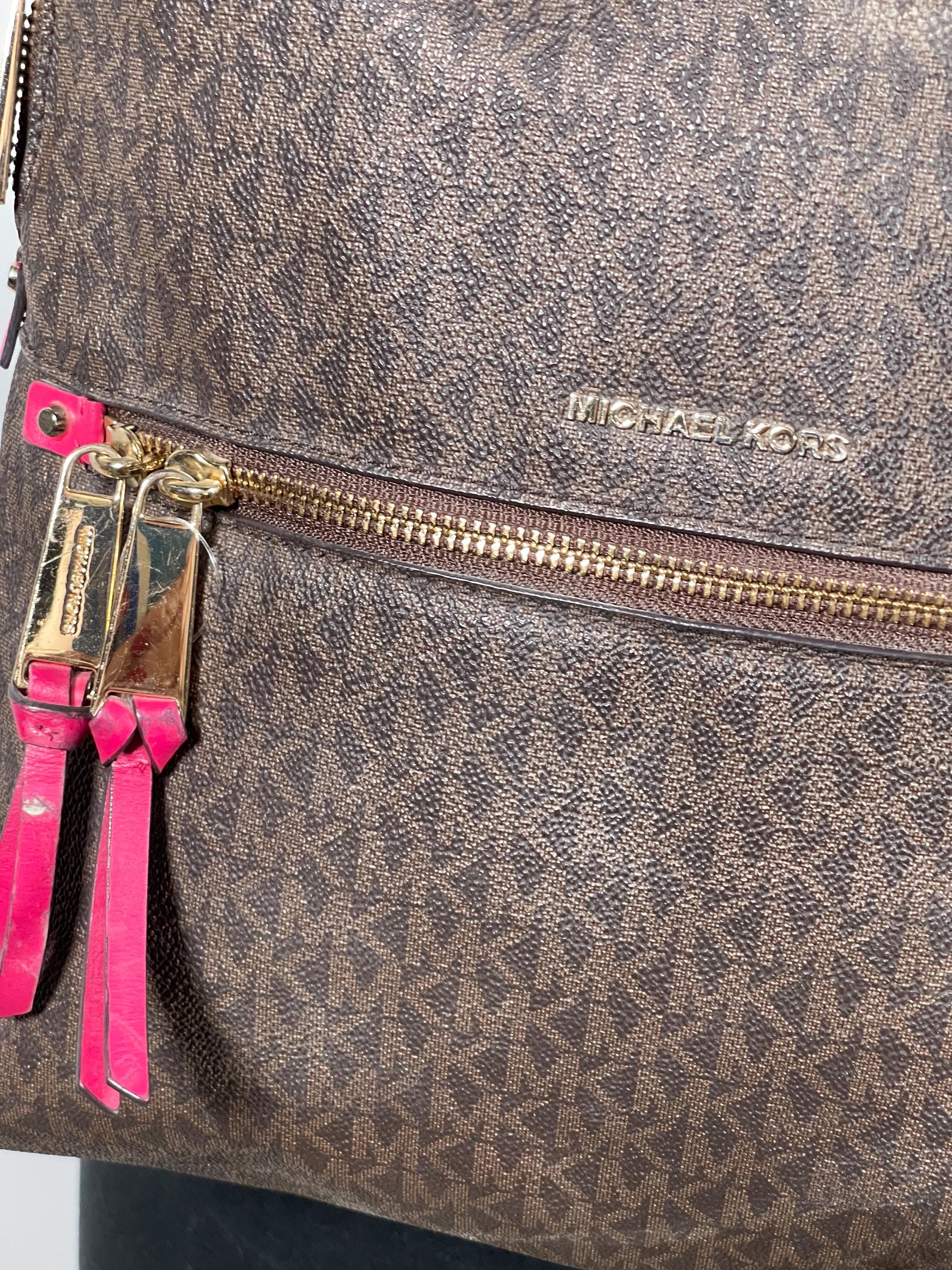 Michael Kors Brown MK Logo Backpack Pink Leather Straps Gold 