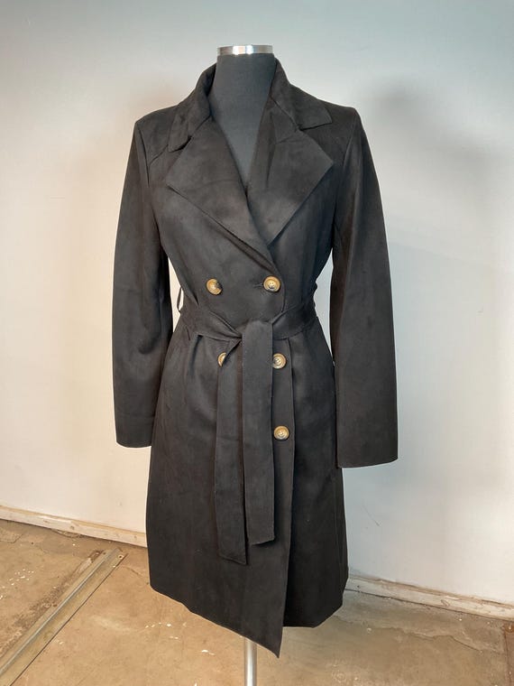 Relish Noless’ Black Trench Coat Womens Velvet Medium Double Breasted Belted NWT
