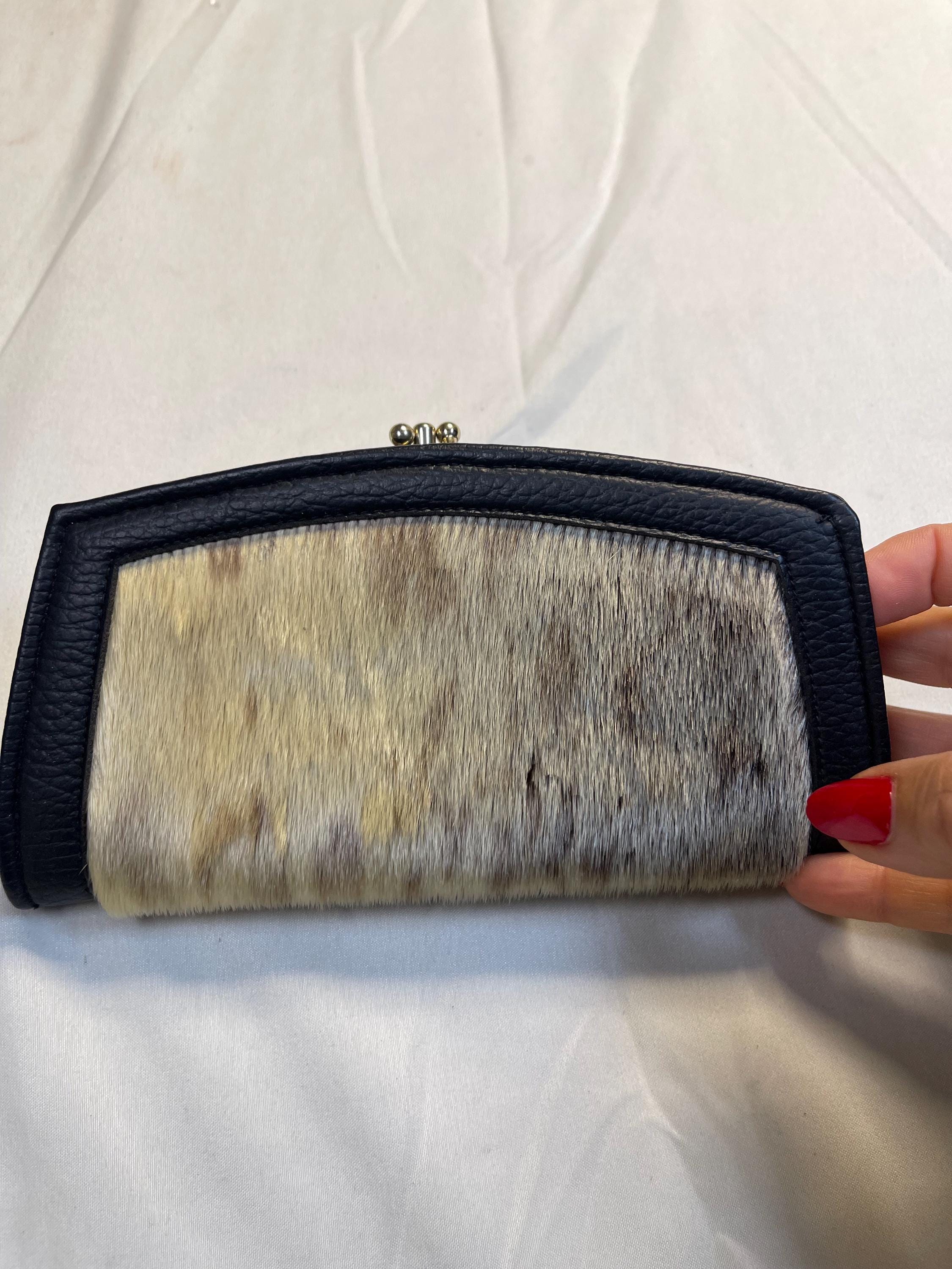 Hair On Hide Leather Clutch Wallet Kiss Lock Frame Cowhide Vintage Style