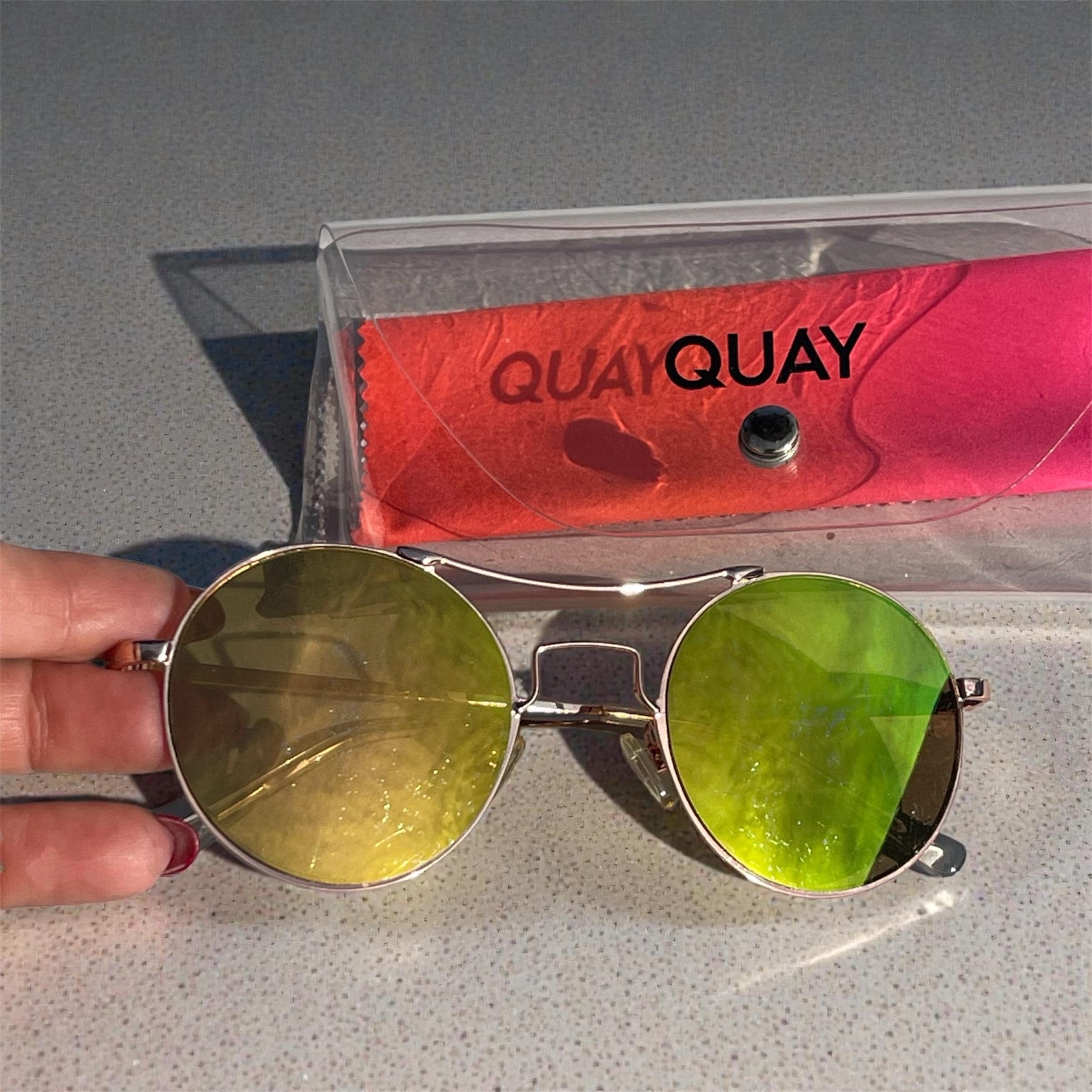 QUAY Australia Round Sunglasses Gold Frame Green Mirrored 