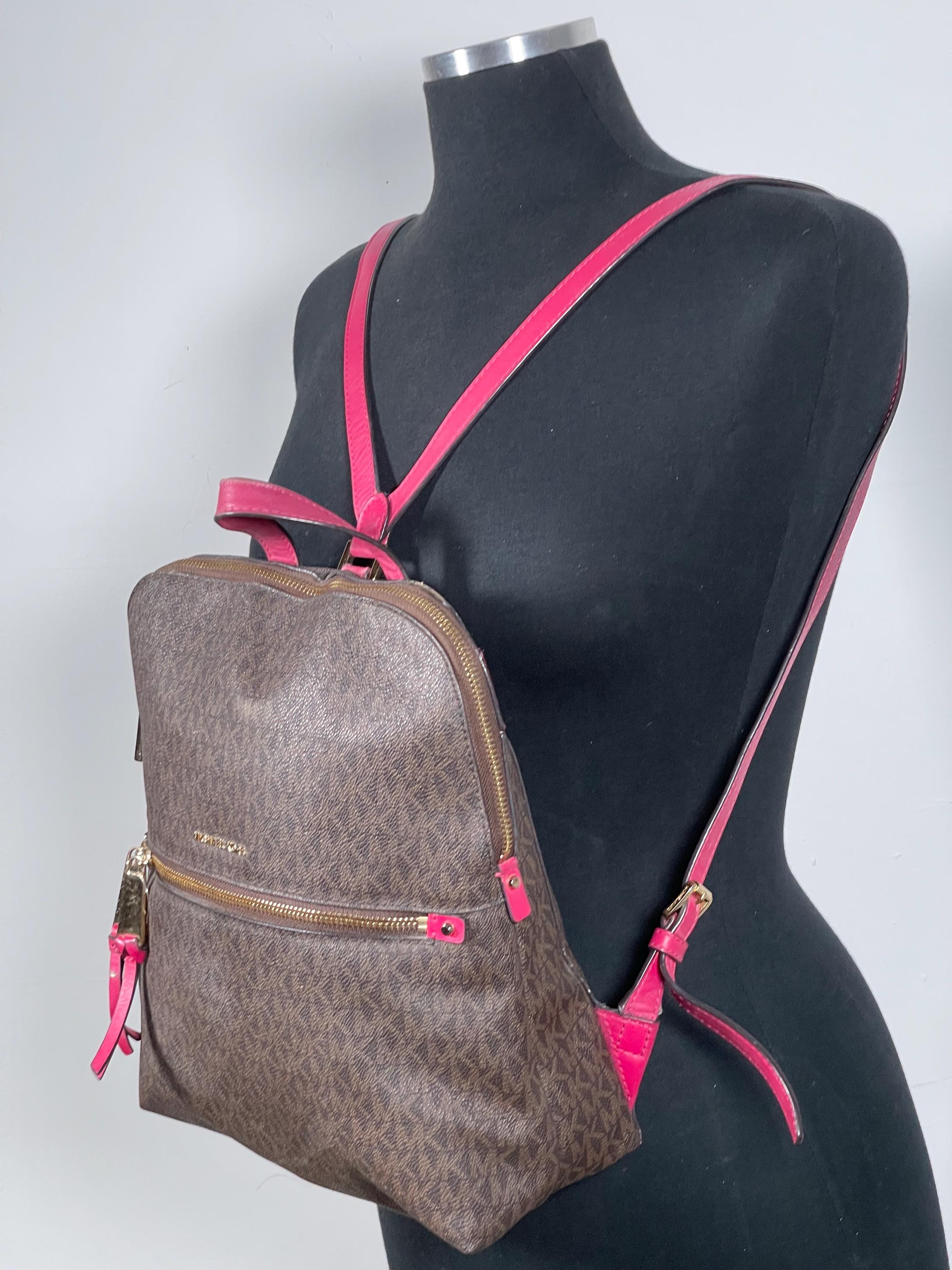 Michael Kors Brown MK Logo Backpack with Hot Pink Trim Michael Kors Jaycee Convertible Backpack Extra Small Zip  main image 2
