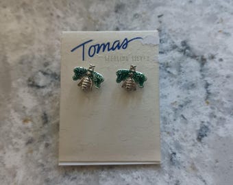 Bee Earrings with Green wings Stud earrings Sterling Silver