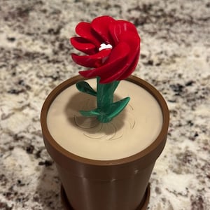 May include: A 3D-printed decorative flower in a brown pot. The flower has bright red petals and a white center, with green leaves and stem. The pot is filled with a tan-colored material.