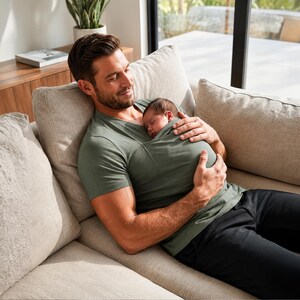 Op de afbeelding: Een saliegroen T-shirt met korte mouwen en V-hals, voorzien van een ge&iuml;ntegreerde buidelzak op de borst, ontworpen om een pasgeboren baby veilig tegen het bovenlichaam te houden. Het shirt is gemaakt van zachte, effen stof met zichtbare naden.
