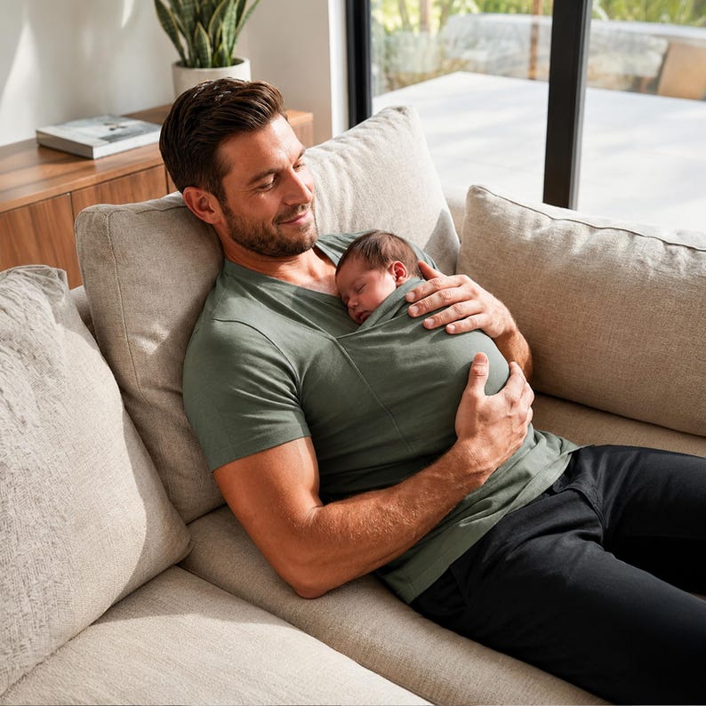 Op de afbeelding: Een saliegroen T-shirt met korte mouwen en V-hals, voorzien van een ge&iuml;ntegreerde buidelzak op de borst, ontworpen om een pasgeboren baby veilig tegen het bovenlichaam te houden. Het shirt is gemaakt van zachte, effen stof met zichtbare naden.