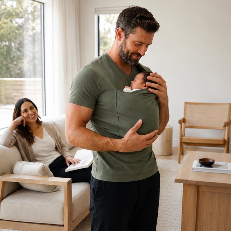 Op de afbeelding: Een olijfgroen babydraagshirt met V-hals en een ge&iuml;ntegreerde buidel op de borst waarin een slapende pasgeborene ligt. Het shirt is gemaakt van zachte stof en is ontworpen om de baby veilig en dicht tegen de borst aan te houden.