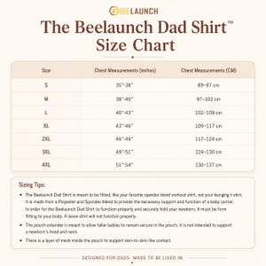 May include: A size chart for The Beelaunch Dad Shirt featuring a table with sizes S through 4XL, listing chest measurements in inches and centimeters. Below the table, sizing tips explain the fitted nature of the shirt and pouch features.