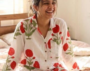 Floral Cotton Pajama Set, Hand Block Print Lounge Wear