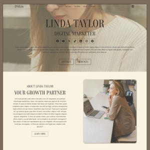 May include: A website design featuring the name "LINDA TAYLOR" and the title "DIGITAL MARKETER." The site includes social media icons, contact and services buttons, and sections titled "ABOUT LINDA TAYLOR" and "YOUR GROWTH PARTNER."