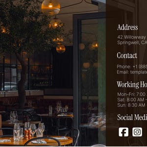 May include: Interior restaurant scene with tables, chairs, and decorative lighting. The image includes the restaurant's address, contact information, and working hours. Social media icons are also visible.