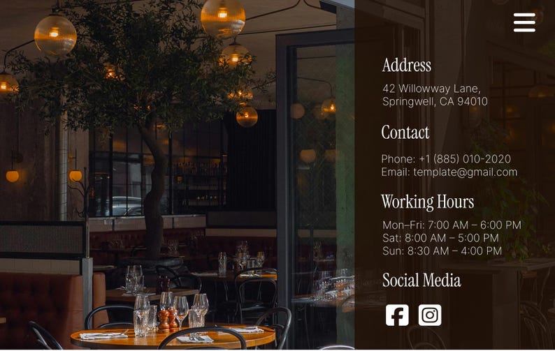 May include: Interior restaurant scene with tables, chairs, and decorative lighting. The image includes the restaurant's address, contact information, and working hours. Social media icons are also visible.
