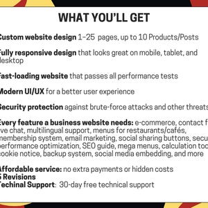 May include: A white background with the text "WHAT YOU'LL GET" in black. The text lists features of a website design service, including custom design, responsive design, fast loading, security, and e-commerce features.