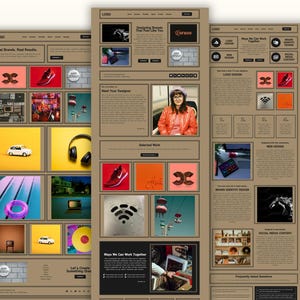 May include: Three-panel website design layout with a brown background and various image and text blocks. The design includes a photo of a woman, a red shoe, and a white car. The text includes the words "Logo" and "Real Brands, Real Results."