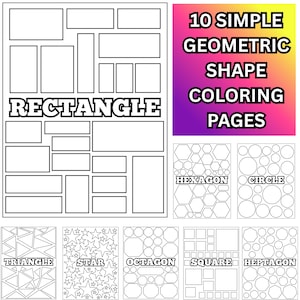 Może przedstawiać: Zestaw 10 prostych stron do kolorowania kształtów geometrycznych. Strony zawierają kształty takie jak prostokąty, sześciokąty, okręgi, trójkąty, gwiazdy, ośmiokąty, kwadraty i heptagony. Słowo "RECTANGLE" jest wyświetlane na jednej stronie.