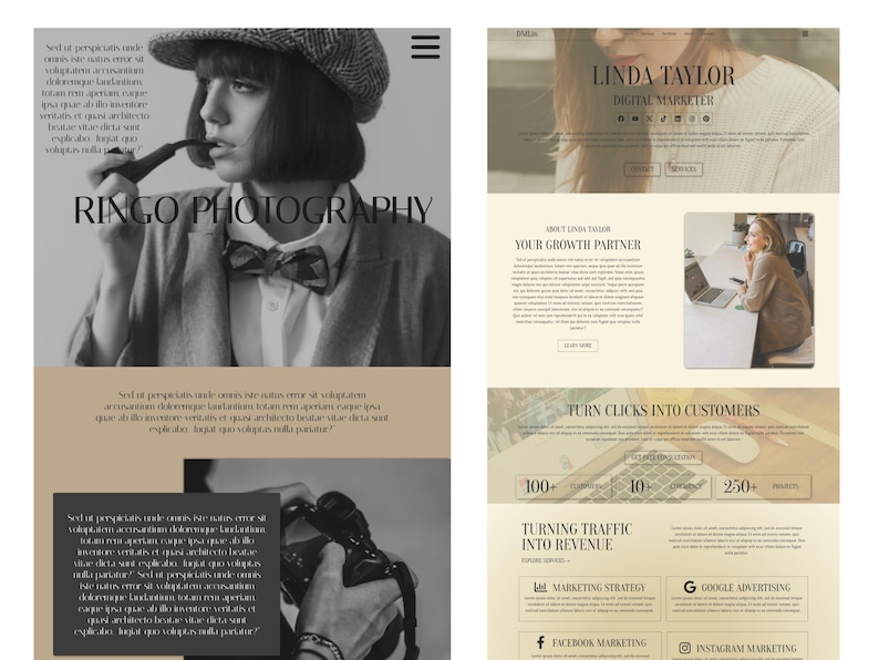 May include: A website design in sepia tones. The left side features a person with a pipe, the text "RINGO PHOTOGRAPHY", and placeholder text. The right side displays "LINDA TAYLOR DIGITAL MARKETER" and marketing information.